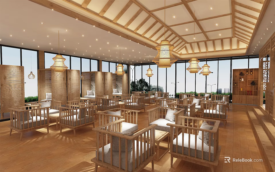 Traditional Tea House Interior With Wooden Furniture Hanging Lanterns And Large Windows 3d model 