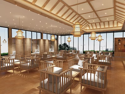 Traditional Tea House Interior With Wooden Furniture Hanging Lanterns And Large Windows 3d model