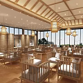 Traditional Tea House Interior With Wooden Furniture Hanging Lanterns And Large Windows