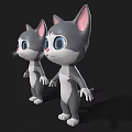 3D Cartoon Cat Character With Gray White Fur Pink Ears And Blue Eyes