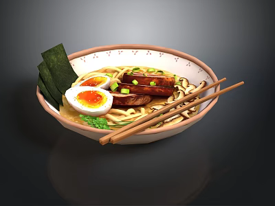 Delicious Ramen Bowl with Soft Boiled Egg Beef Slices Nori Mushrooms and Chopsticks 3d model
