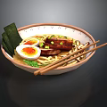 Delicious Ramen Bowl with Soft Boiled Egg Beef Slices Nori Mushrooms and Chopsticks