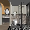 Modern Bathroom Interior With Decorative Tiles Geometric Floor Vanity Round Mirror And Glass Shower