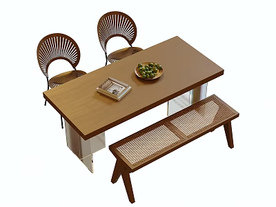 Rectangular Wooden Dining Table Set With Rattan Back Chairs And Bench Green Plant Bowl Tray 3d model