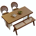 Rectangular Wooden Dining Table Set With Rattan Back Chairs And Bench Green Plant Bowl Tray