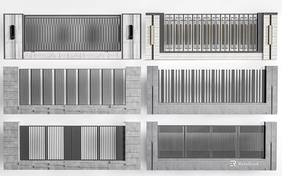 Modern Entrance Gate Design Featuring Vertical Metal Slats And Stone Structure 3d model 