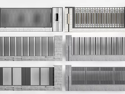Modern Entrance Gate Design Featuring Vertical Metal Slats And Stone Structure 3d model