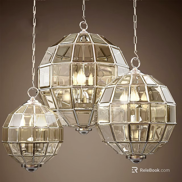 Three Modern Glass Globe Chandeliers with Metallic Grid Frame and Warm Lighting 3d model 