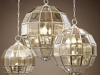 Three Modern Glass Globe Chandeliers with Metallic Grid Frame and Warm Lighting 3d model
