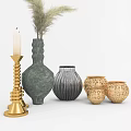 Decorative Ornament Set with Green Vase Pampas Grass Golden Candle Holders and Grey Striped Vase
