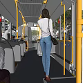 Woman Walking Through Bus Interior Wearing Light Gray Top Blue Jeans And Black Bag