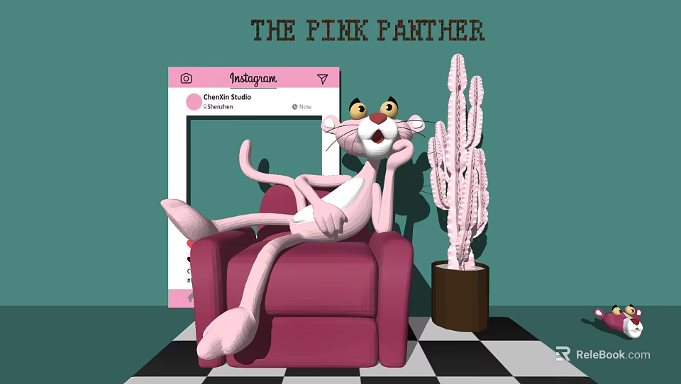 Pink Panther Doll Sitting on Pink Sofa with Pink Cactus and Green Wall Checkerboard Floor 3d model 