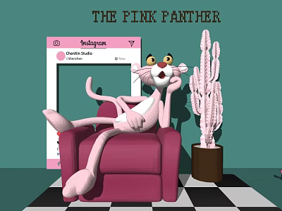 Pink Panther Doll Sitting on Pink Sofa with Pink Cactus and Green Wall Checkerboard Floor 3d model