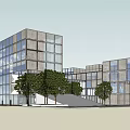 Modern Commercial Complex With Glass Curtain Walls And Landscaped Outdoor Spaces