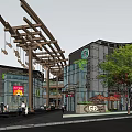 Vibrant Commercial Street With Modern Buildings Open Areas And Tree Surroundings