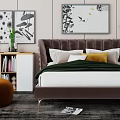 Modern Double Bed With Tufted Headboard Green Blanket White Cabinet And Decorative Paintings