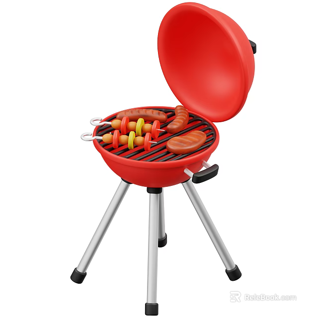 Red Barbecue Grill With Tripod Legs Grilling Sausages And Skewers 3d model 