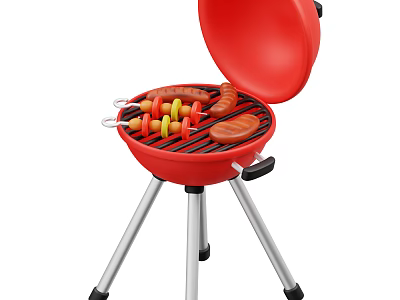 Red Barbecue Grill With Tripod Legs Grilling Sausages And Skewers 3d model