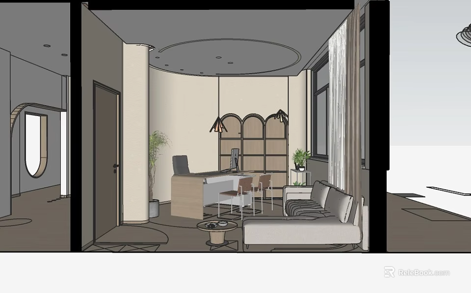 Modern Office Interior Design With Desk Chairs Sofa Plants Lighting And Windows 3d model