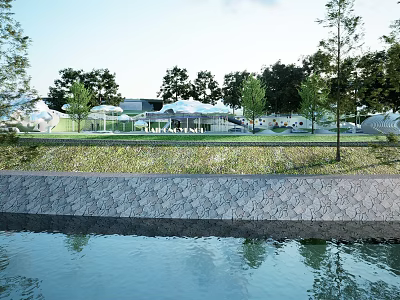 Garden Landscape With Waterfront Stone Retaining Wall Green Lawn Trees And Pedestrian Path 3d model