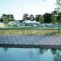 Garden Landscape With Waterfront Stone Retaining Wall Green Lawn Trees And Pedestrian Path