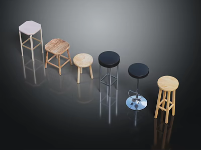 Different Types of Stools With Wooden Seats And Metal Legs In Various Colors 3d model