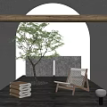 Wooden Leisure Chair in Stylish Indoor Space with Arched Window Small Tree and Stacked Towels