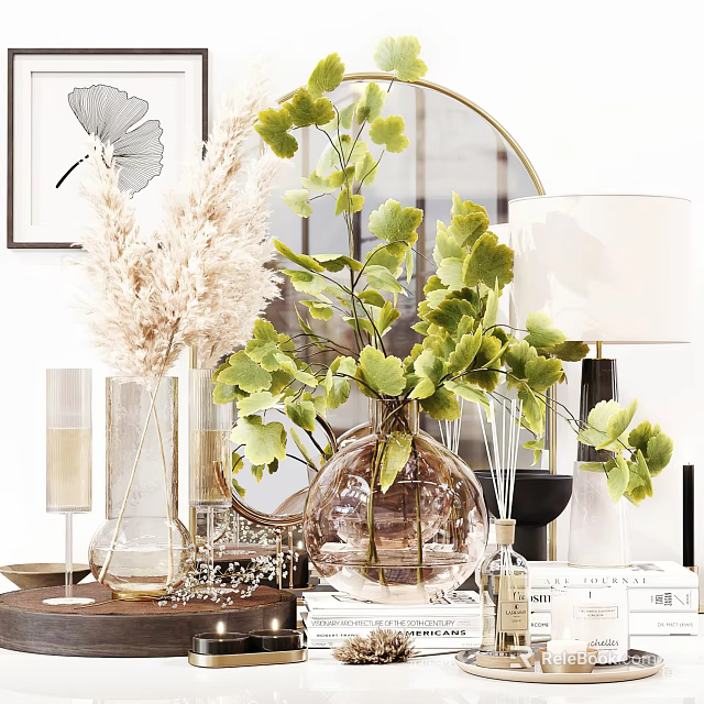 Elegant Modern Tabletop Decorative Ornament Set With Green Ginkgo Leaves Glass Vase And Pampas Grass 3d model 