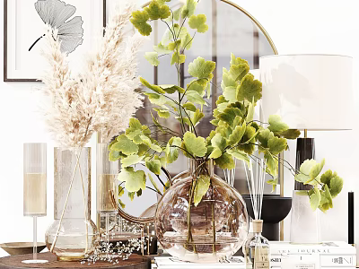 Elegant Modern Tabletop Decorative Ornament Set With Green Ginkgo Leaves Glass Vase And Pampas Grass 3d model