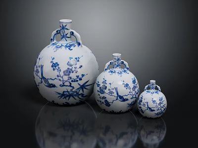 Furniture Decorative Blue And White Porcelain Vases With Bird Bamboo Patterns Different Sizes 3d model