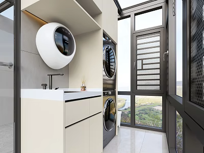 Modern Home Balcony Design With Washing Machine Dryer Sink And Windows 3d model