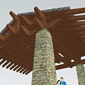 Traditional Wooden Roofed Pavilion With Stone Pillars And Two People Standing