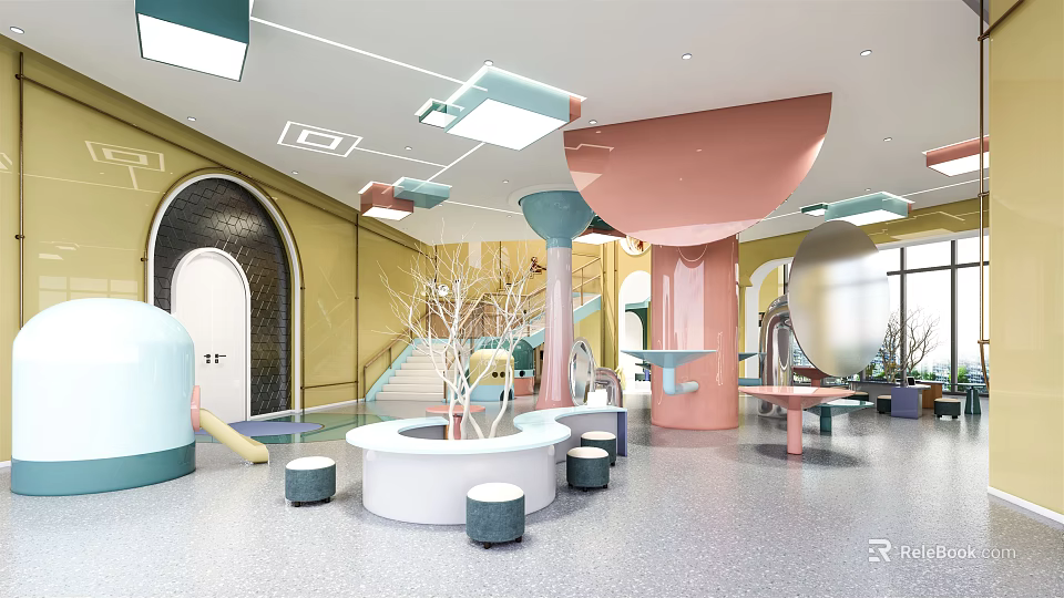 Colorful Kindergarten Interior With Playground Slides Round Seating And Bright Lighting 3d model 