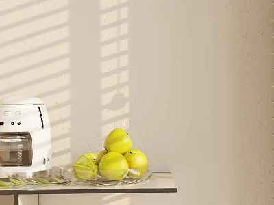 Decorative Ornament Arrangement with White Coffee Machine Yellow Fruits on Glass Plate and Light Shadows 3d model