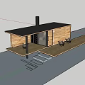 Modern Wooden House with Elevated Deck and Mountain View in Green Grassland