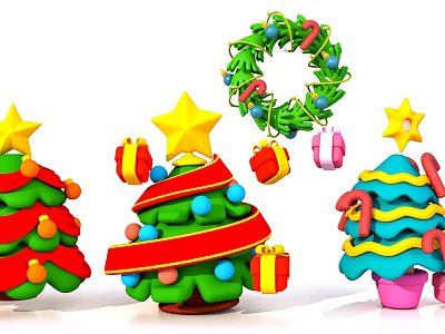 Christmas Decorative Ornament Set with Trees Stars Wreath and Gift Boxes 3d model