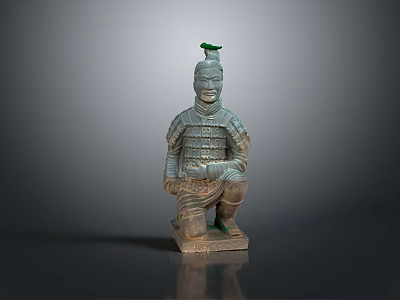 Ancient Terracotta Warrior Sculpture Carving With Kneeling Posture Detailed Armor And Green Head Decoration 3d model