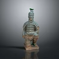 Ancient Terracotta Warrior Sculpture Carving With Kneeling Posture Detailed Armor And Green Head Decoration