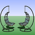 Two Modern Hanging Chairs With Metal Frame Curved Design And Light Blue Cushions