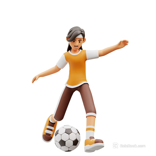 Woman In Yellow Top And Brown Pants Playing Soccer With Active Stance 3d model 
