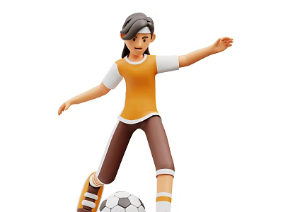 Woman In Yellow Top And Brown Pants Playing Soccer With Active Stance 3d model