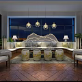 Modern Chinese Restaurant Lobby With Chandeliers Tables Chairs Wooden Floor And Decorative Paintings