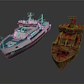 Modern White Red Striped Ship And Rusty Old Weathered Vessel Side By Side 3d model