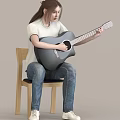 A Woman sitting on wooden chair playing acoustic guitar wearing white T-shirt and blue jeans