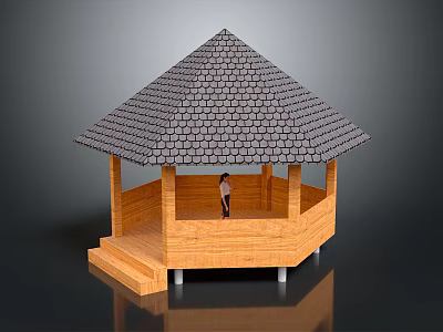 Modern Wooden Gazebo With Conical Tile Roof Platform And Person Standing Inside 3d model