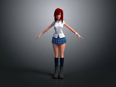 Red Haired 3D Character Model Standing With Arms Outstretched White Top And Blue Plaid Skirt 3d model