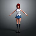 Red Haired 3D Character Model Standing With Arms Outstretched White Top And Blue Plaid Skirt