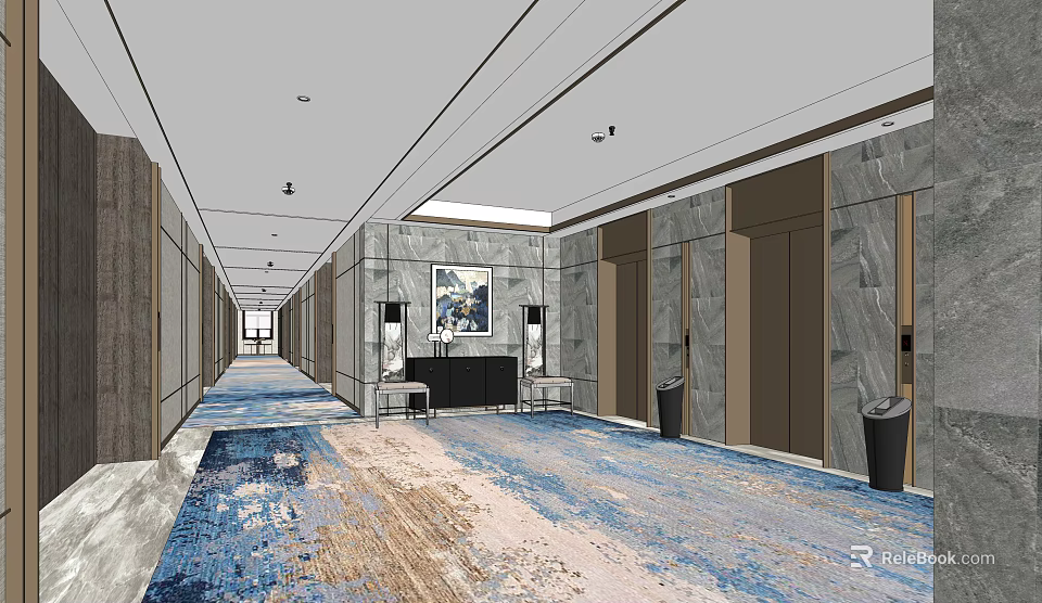 Elevator Corridor With Marble Walls Blue Beige Carpet Bench Decorative Painting And Ceiling Lights 3d model 