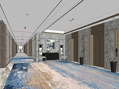 Elevator Corridor With Marble Walls Blue Beige Carpet Bench Decorative Painting And Ceiling Lights 3d model