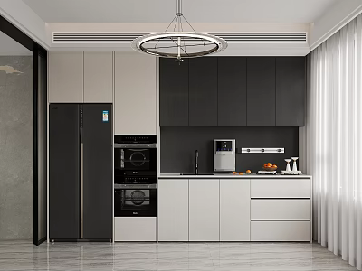 Modern Kitchen Interior With White And Dark Cabinets Refrigerator Oven And Countertop 3d model